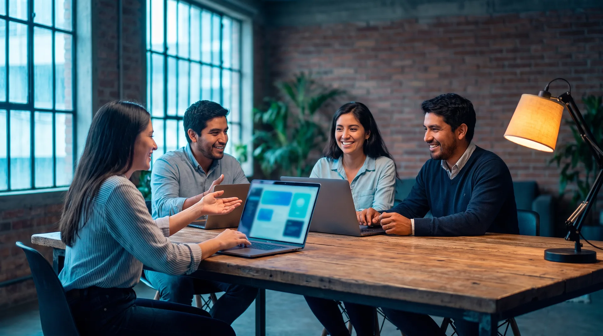 Equipo de profesionales colaborando con laptops en una oficina moderna