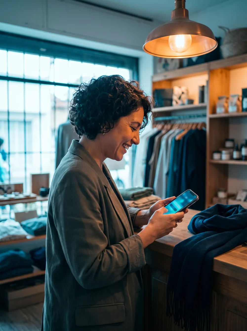 Dueña de una tienda respondiendo mensajes de clientes desde su celular